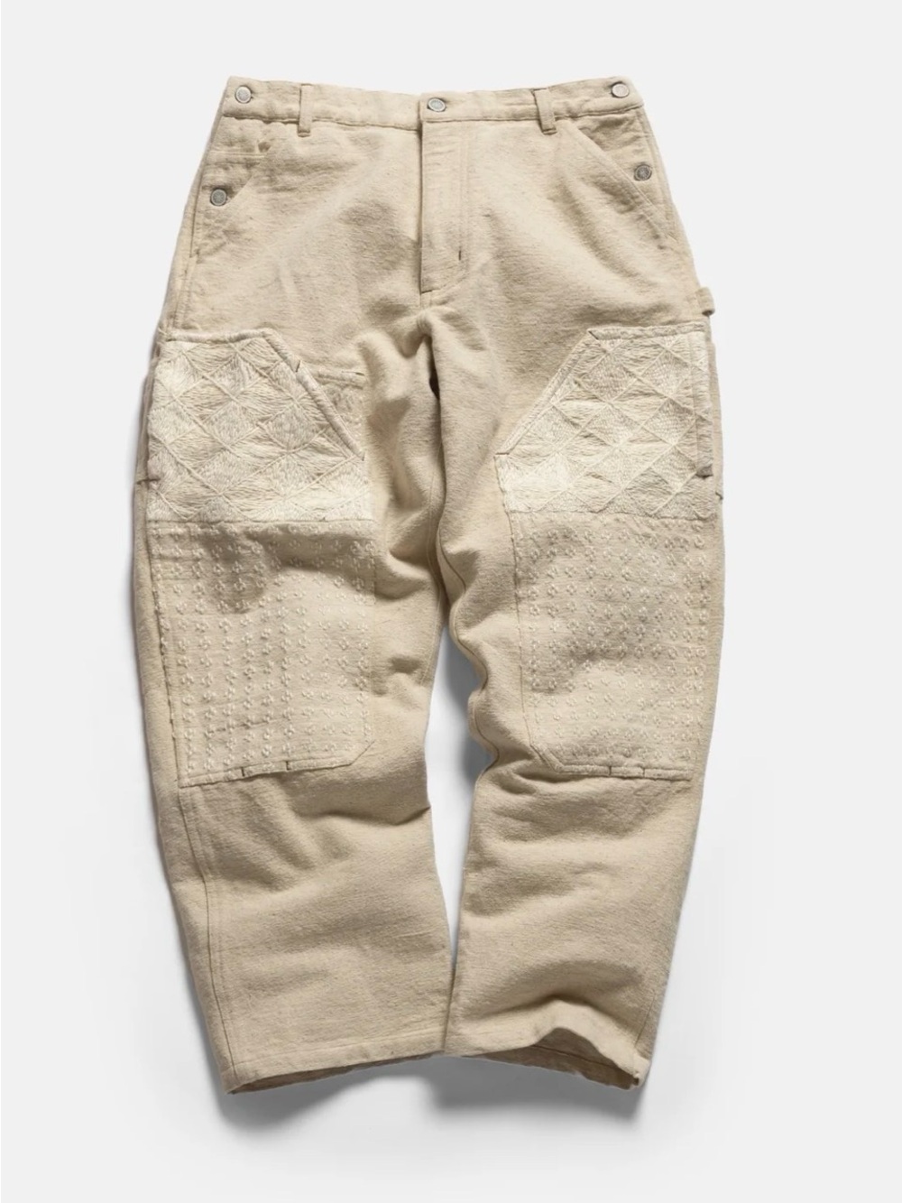 18EAST Eli Hand Embroidered Double Knee Work Pant Size Large Undyed Ecru Canvas